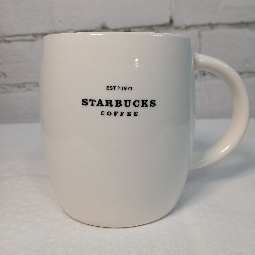 STARBUCKS COFFEE MUG 2008 BARREL SHAPE 14OZ MINIMALIST BLACK LETTERS